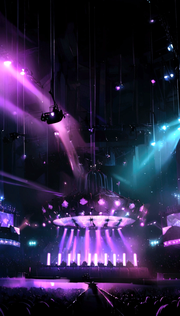 The background features a massive stage setup, concert dome, laser light purple and an elaborate set design. Dramatic lighting creates a mesmerizing atmosphere.