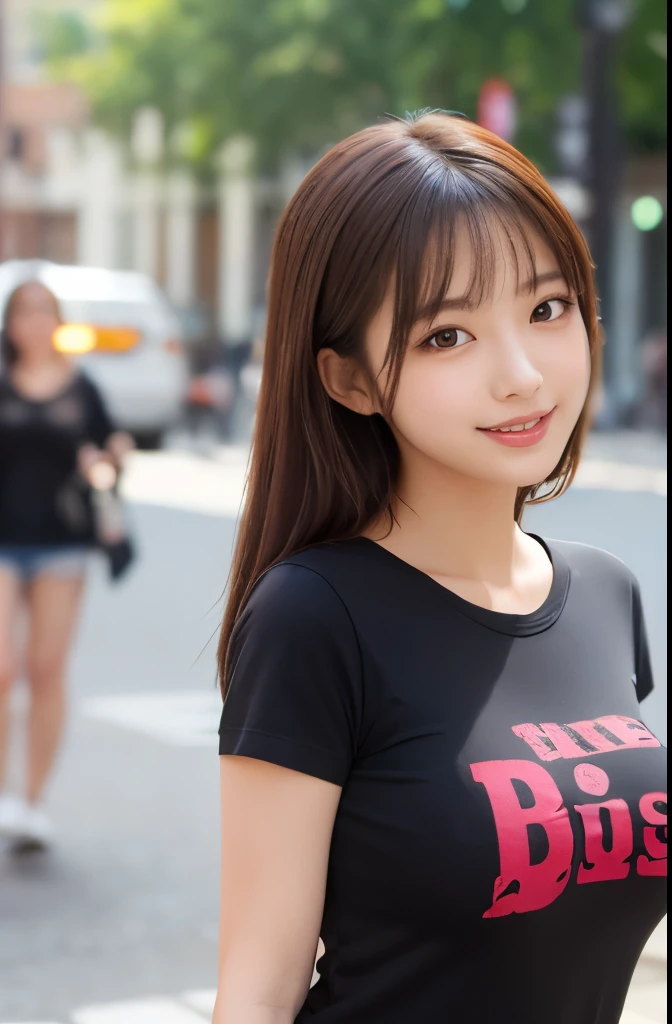 (masterpiece:1.2,Highest quality),Blur the background,One high school girl,((Tshirt)),(Big Breasts),((Sculpture Pose)),((Beautiful and beautiful eyes)),Blushed,Healthy Skin,Observe the audience,(smile),(Date in the downtown area),8K resolution