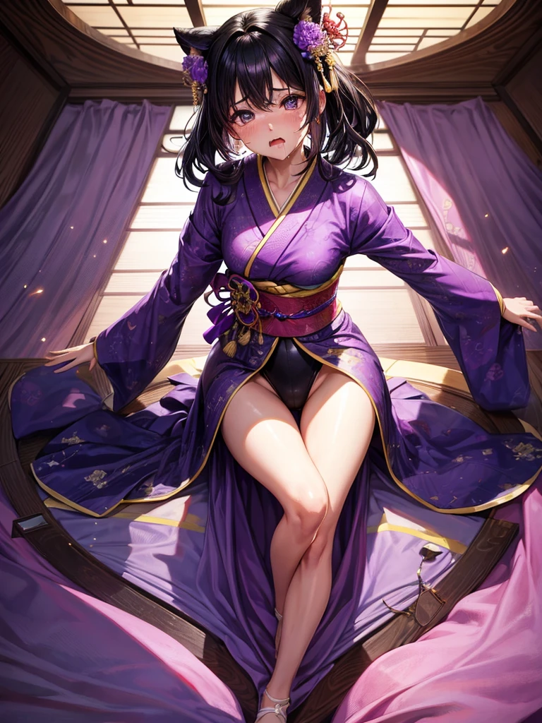 Highest quality,Highest Resolution,A crying beautiful woman in a purple kimono leotard,Black Hair,hairpin,High leg,Japanese-style room,whole body,tabi,Tears,Open your mouth and drool,Very beautiful eyes,