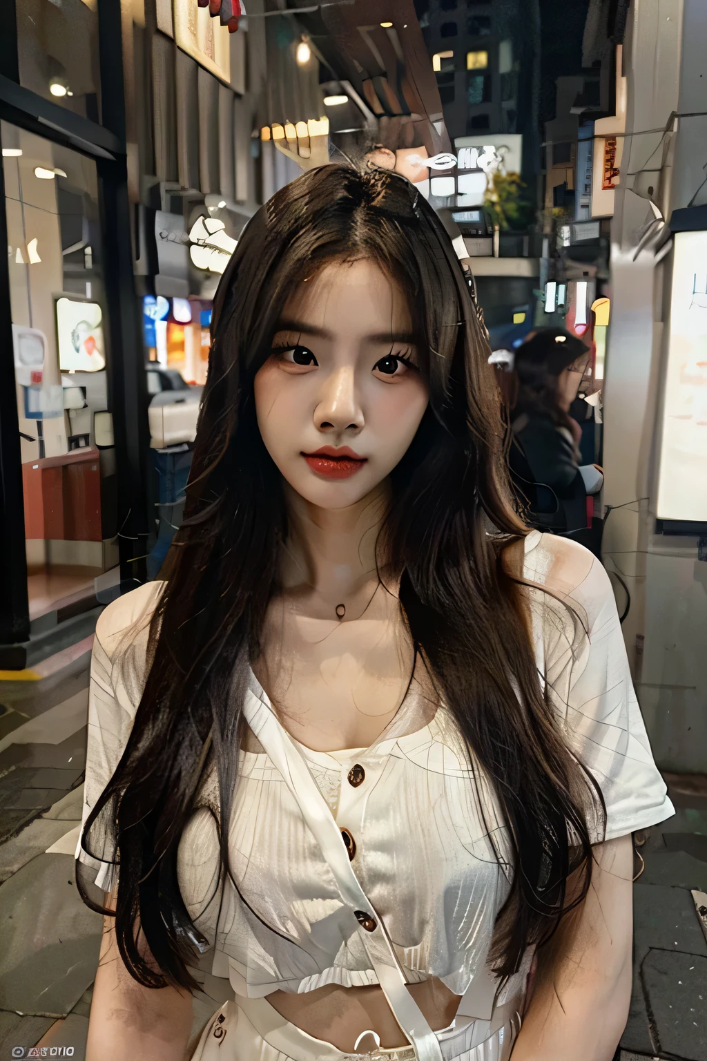 (lifelike, high resolution: 1.3) 1 Korean girl with a slender body, Yoo Na Kim, fine face and eyes, long straight hair, full lips, long eyelashes, in Seoul, full body view, low camera angle
