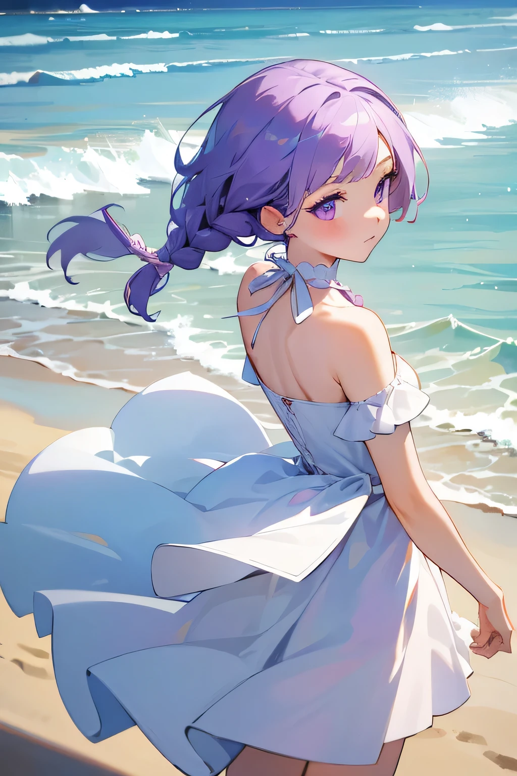 One girl,High resolution, high quality, masterpiece, mxmk white dress, Bare shoulders, Purple eyes, White Dress, Braiding, impact, Beach