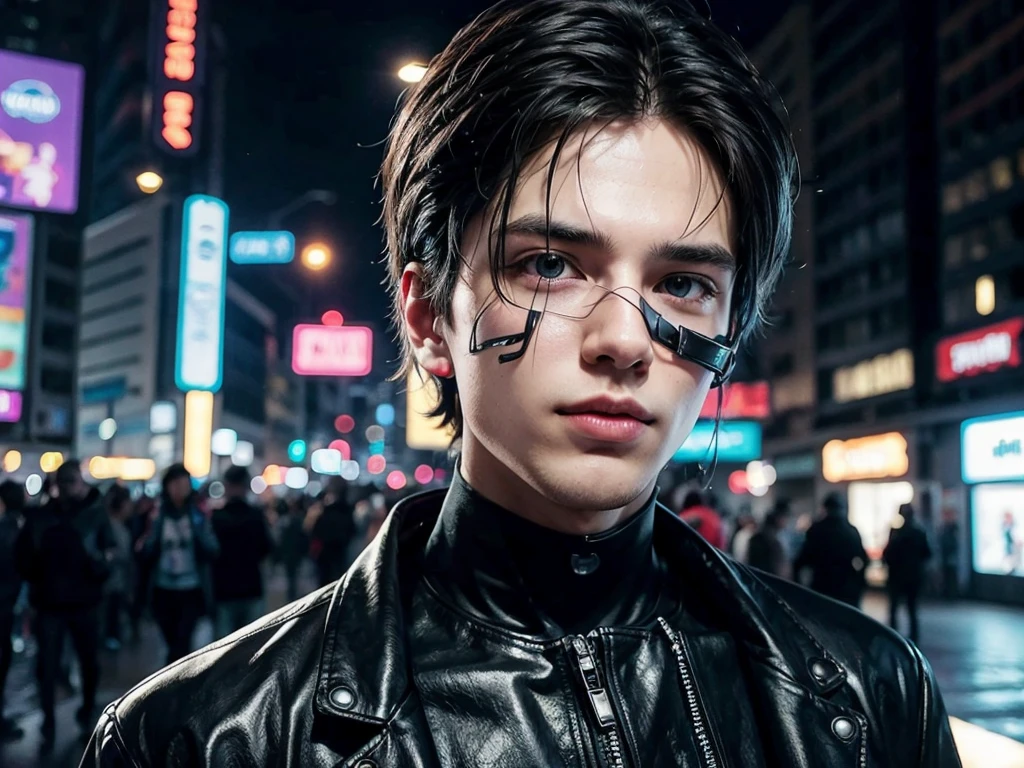 Change background of cute boy taking selfie in cyberpunk place, lifelike face, 8K, ultra
