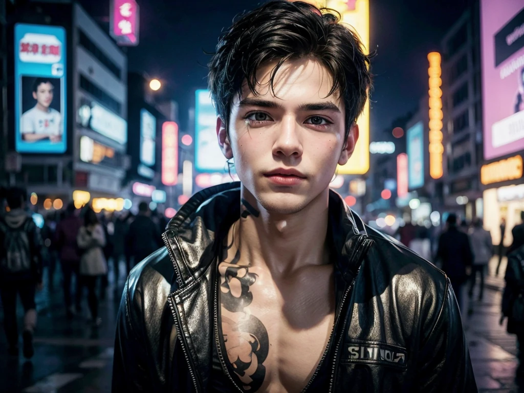 Change background of cute boy taking selfie in cyberpunk place, lifelike face, 8K, ultra