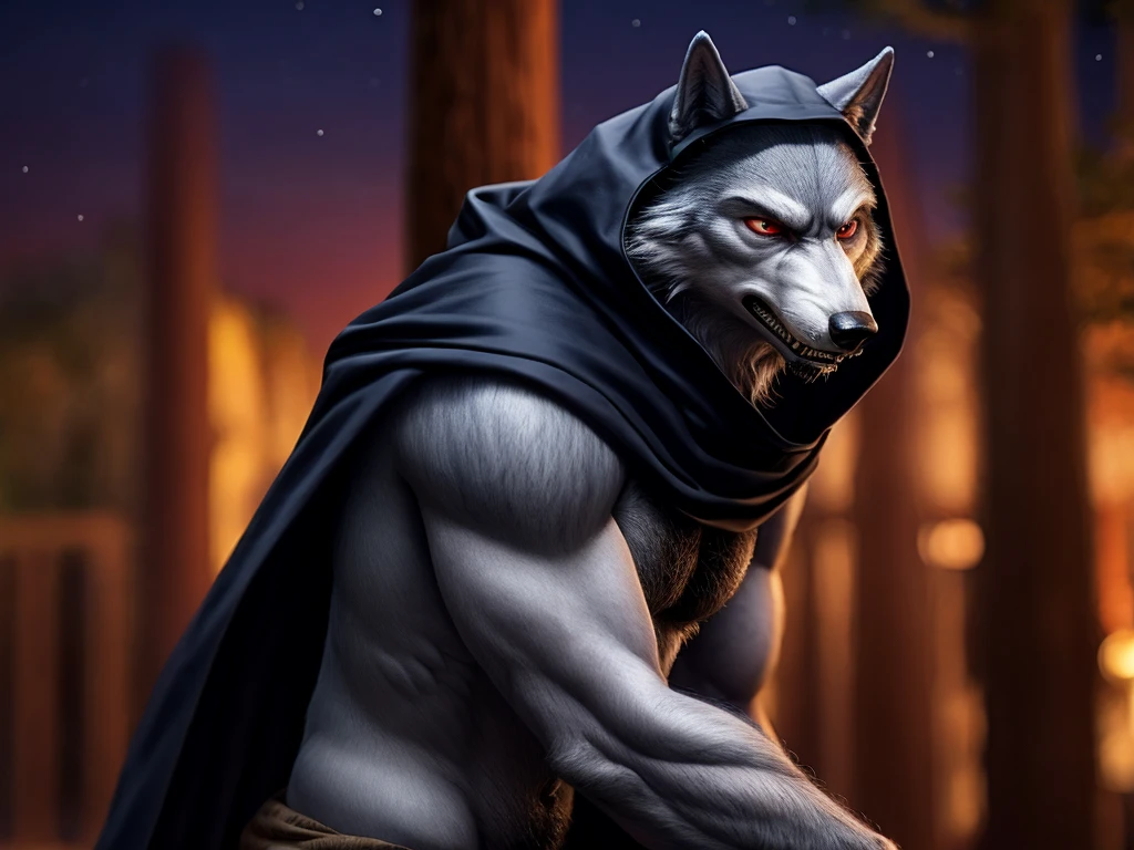 Death is a anthropomorphic silvery-white wolf with an elongated snout, gray mask-like markings on his face, sharp teeth, and glaring sinister red eyes, who has a well-built body, He wears a black cloak with a built-in hood, and brown trousers under the cloak, He also has brownish-gray wraps around his wrists and calves, and carries a pair of razor-sharp sickles, anthro wolf, male, adult, grey fur, buffed body, sexy, beefy body, furred body, beautiful, furry chest hair, realistic, full body, photorealistic, ultra realistic, 8k, night, bare-chested,