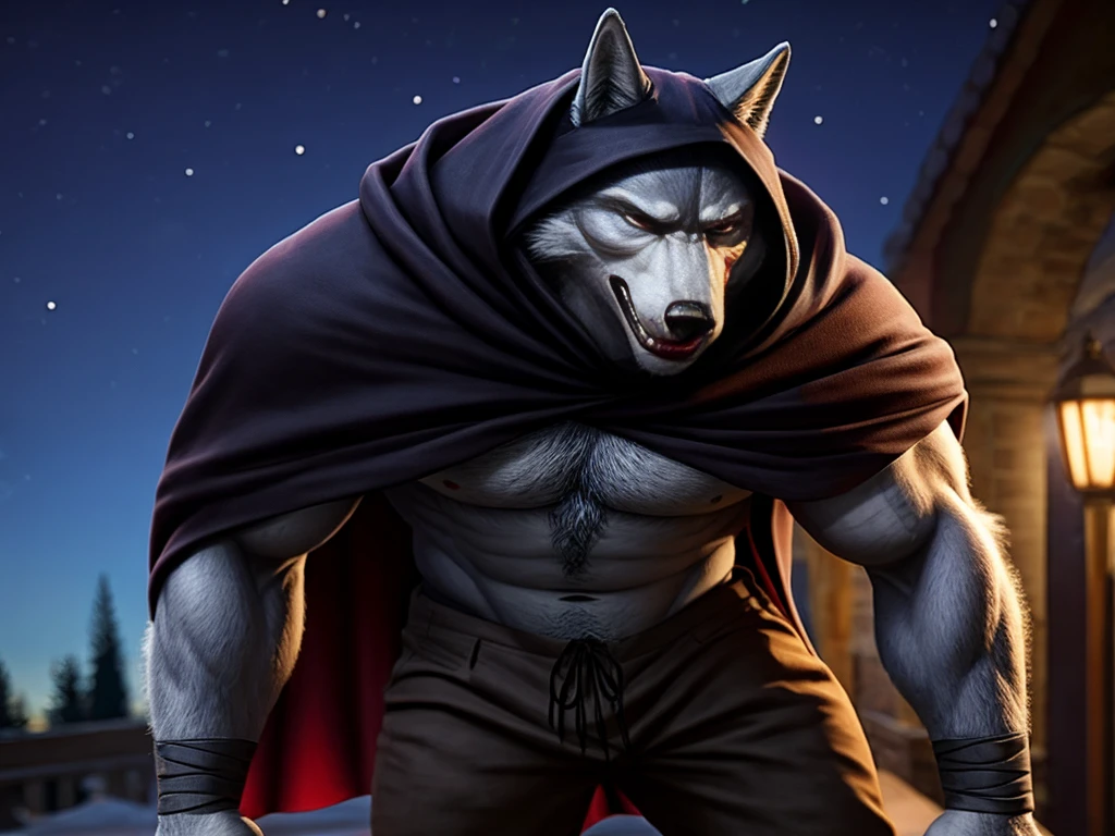 Death is a anthropomorphic silvery-white wolf with an elongated snout, gray mask-like markings on his face, sharp teeth, and glaring sinister red eyes, who has a well-built body, He wears a black cloak with a built-in hood, and brown trousers under the cloak, He also has brownish-gray wraps around his wrists and calves, and carries a pair of razor-sharp sickles, anthro wolf, male, adult, grey fur, buffed body, sexy, beefy body, furred body, beautiful, furry chest hair, realistic, full body, photorealistic, ultra realistic, 8k, night, bare-chested, 