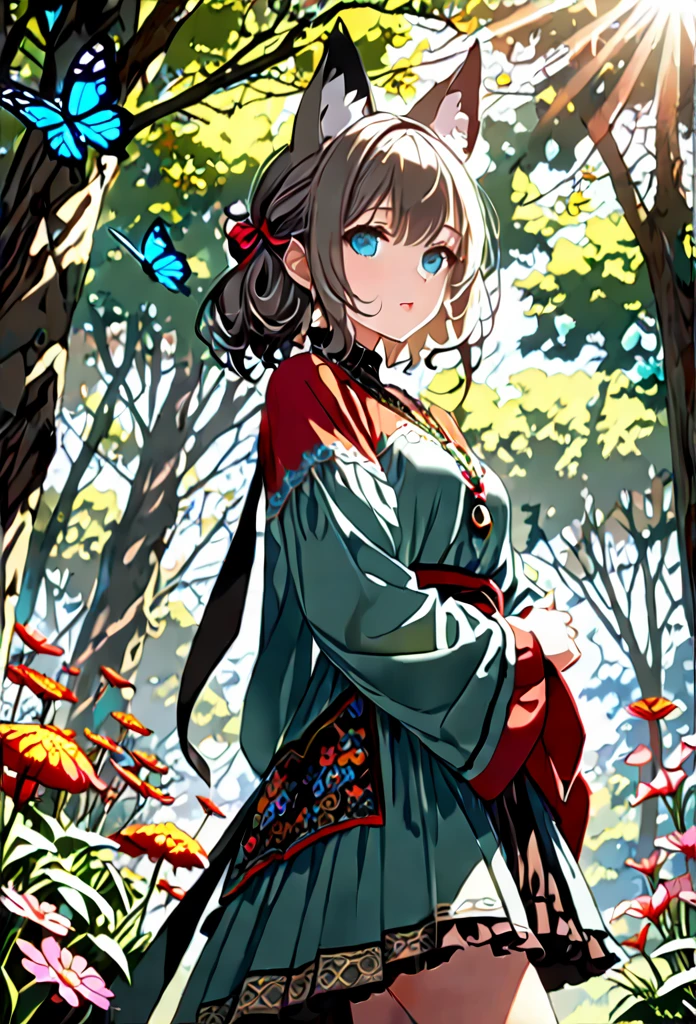 (best quality2, ultra detailed:2, masterpiece:1.2, 8k:2),BREAK,(High Resolution), (realistic photo), ((landscape)), (textile shading),(4fingers and 1thumbs), (dark fantasy:1.2),BREAK,(1 kemono-woman, solo, cute:1.2, with lop-Fox-eard:1.6, lop-Fox-ears, Fox tail:2, , Aqua eyes, 20-year-old, european, pale skin:1, No-makeup:1.3) and (((Many butterflies:1.4))), ((((ultra-detailed Face and Hair and Clothes and eyes and lop-Fox-ears and Gypsy-Cursed-Necklace)))), (Light_Gray:1.0 ultra long messy hair:2, ultra long messy bangs:1.5, ultra long messy sideburns:1.7), (windy, froating hair:1.3),(clothes reflecting light), (Gypsy-Cursed-Necklace:1.3) and (Light_Black cold shoulder Lace:0.7 Dark_Aqua Sharara:1.3) and (Gypsy Skirt:1.3) and (sandals1:0), (Pleased:1.3, looking down at viewer:2), (((head tilt, sitting, yokozuwari))),BREAK,(((best quality, ultra detailed, 8K))), (in the ultra-detailed :1.4, in the afternoon:1.4, sunlight:1.4, spring season:1.4),BREAK,(rule of odds:1.5), (cowboy shot:2, side view:1.1, from below:1.4), forest, Animal ear, more_details:-1, more_details:0, more_details:0.5, more_details:1, more_details:1.5, 、