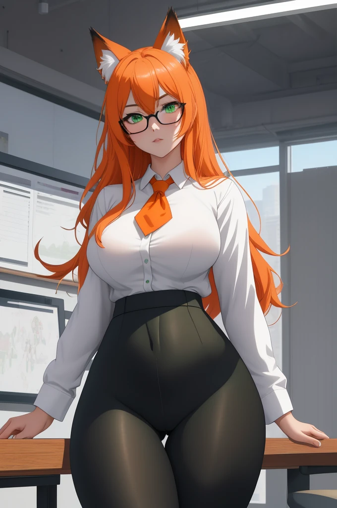 (masterpiece, Best quality), 8K, ultra detailed, realistic photo, Detailed face, perfect lighting, green eyes, bright orange hair, bright hair, fox ears, nice legs, side photo, beautiful, Cute, skin pores, 1 girl, perfect shirt, fully dressed, beautiful women 30 years old, Beautiful proportions, Russian woman, Caucasian, European, Business lady, stunningly beautiful woman, mother, thick legs, show ass, big breasts, (Thin white shirt:1.4), thick, hot, (White Office Wear:1.4), tight pants, (wide hips:1.2), thick, (white Office pants:1.3), spread your legs, Legs open, full length, wide hips, Glasses, with long orange hair, standing on the beach near the ocean, green eyes detailed digital anime art, cat ear, anime girl with long hair, гладкое аниме cg art, anime girl with long hair, digital anime art, work in Guweiz style, Beautiful anime portrait, Photorealistic render of an anime girl, pantyhose, Beautiful anime girl, advanced digital anime art, guweiz на artstation pixiv HD UHD HQ