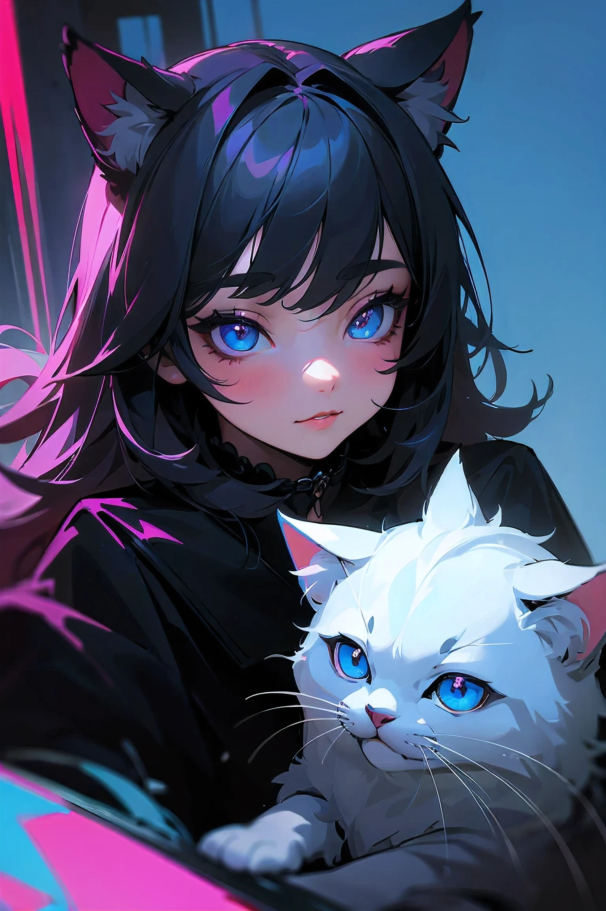 (hight resolution,Masterpiece:1.2),Vivid colors,beautiful detail eyes,beautiful detailed lips,long eyelashes,black coat,fluffy fur,cute expression,Feline Grace,Let's move on to the camera,on a blue background, Neon, night time, ciberpunk