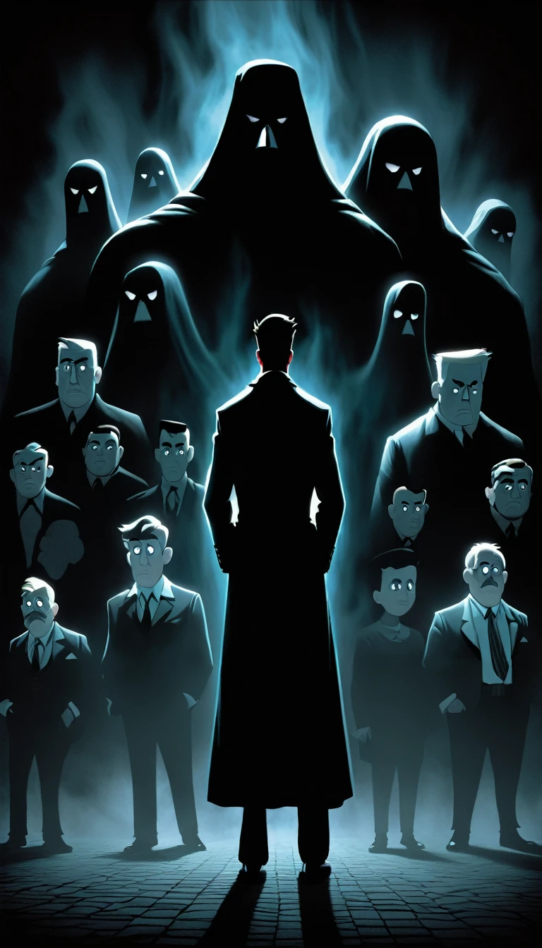 The friends facing the ghostly figure of Mr. Grimley, who looks menacing and powerful.