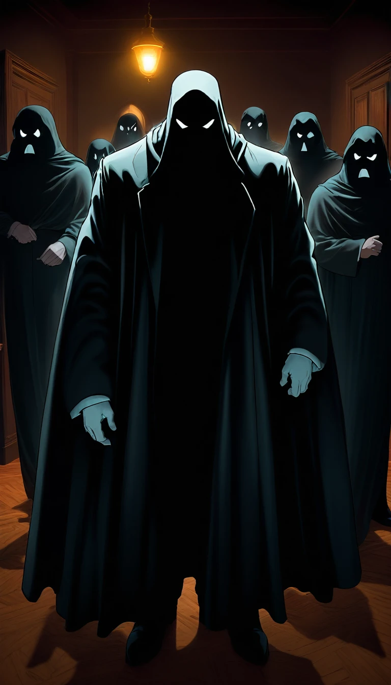 The friends facing the ghostly figure of Mr. Grimley, who looks menacing and powerful.