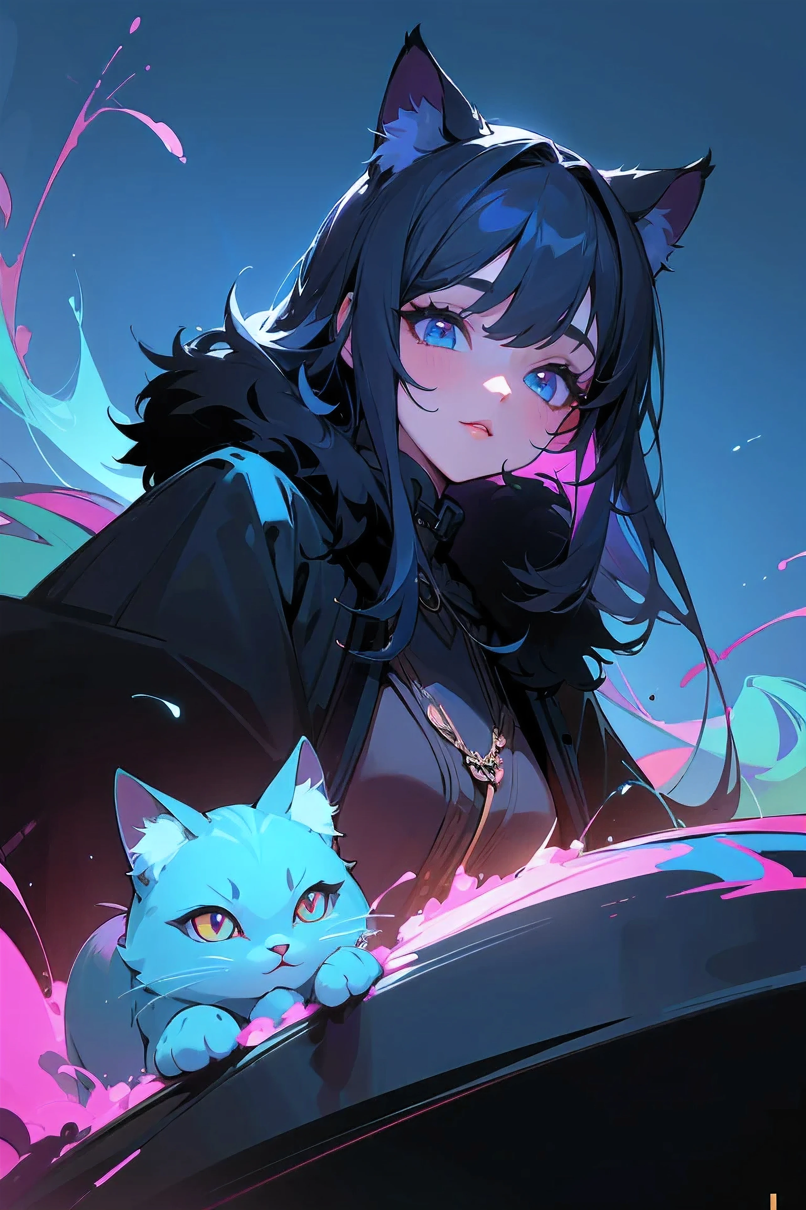 (hight resolution,Masterpiece:1.2),Vivid colors,beautiful detail eyes,beautiful detailed lips,long eyelashes,black coat,fluffy fur,cute expression,Feline Grace,Let's move on to the camera,on a blue background, Neon, night time, ciberpunk