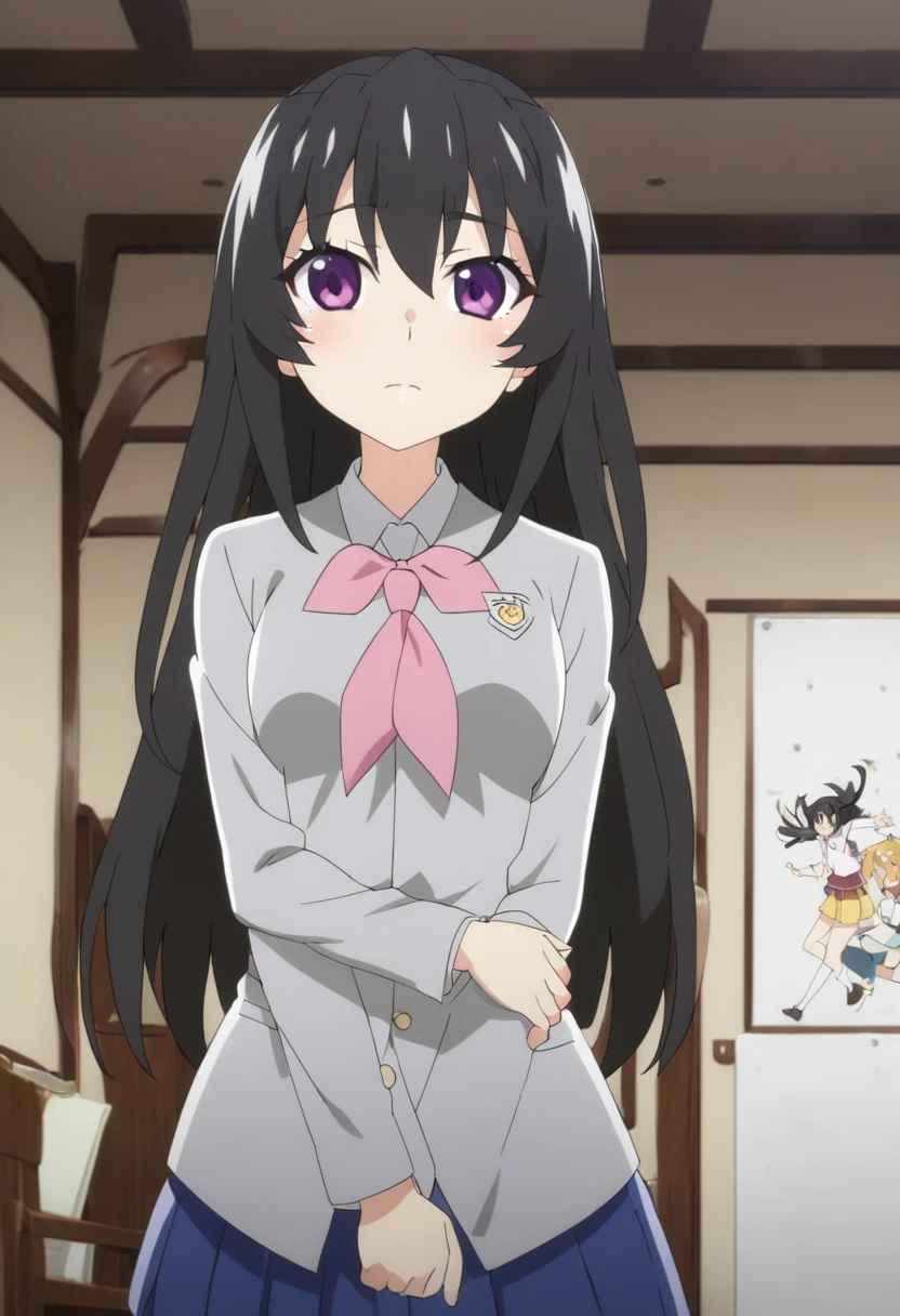 anime girl with long black hair and purple eyes, an anime drawing by Jin Homura, pixiv, shin hanga, anime moe artstyle, anime visual of a cute girl, ilya kuvshinov with long hair, anime best girl, (anime girl), young anime girl, smooth anime cg art, anime girl with long hair, beautiful anime high school girl