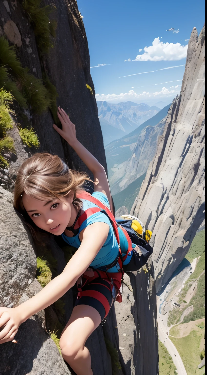 (masterpiece), a cute girl climbing a mountain, mountaineering , (high angle), adrenaline,dynamic image, extended arm cute, looking up too the camera, giant fall, rocks,