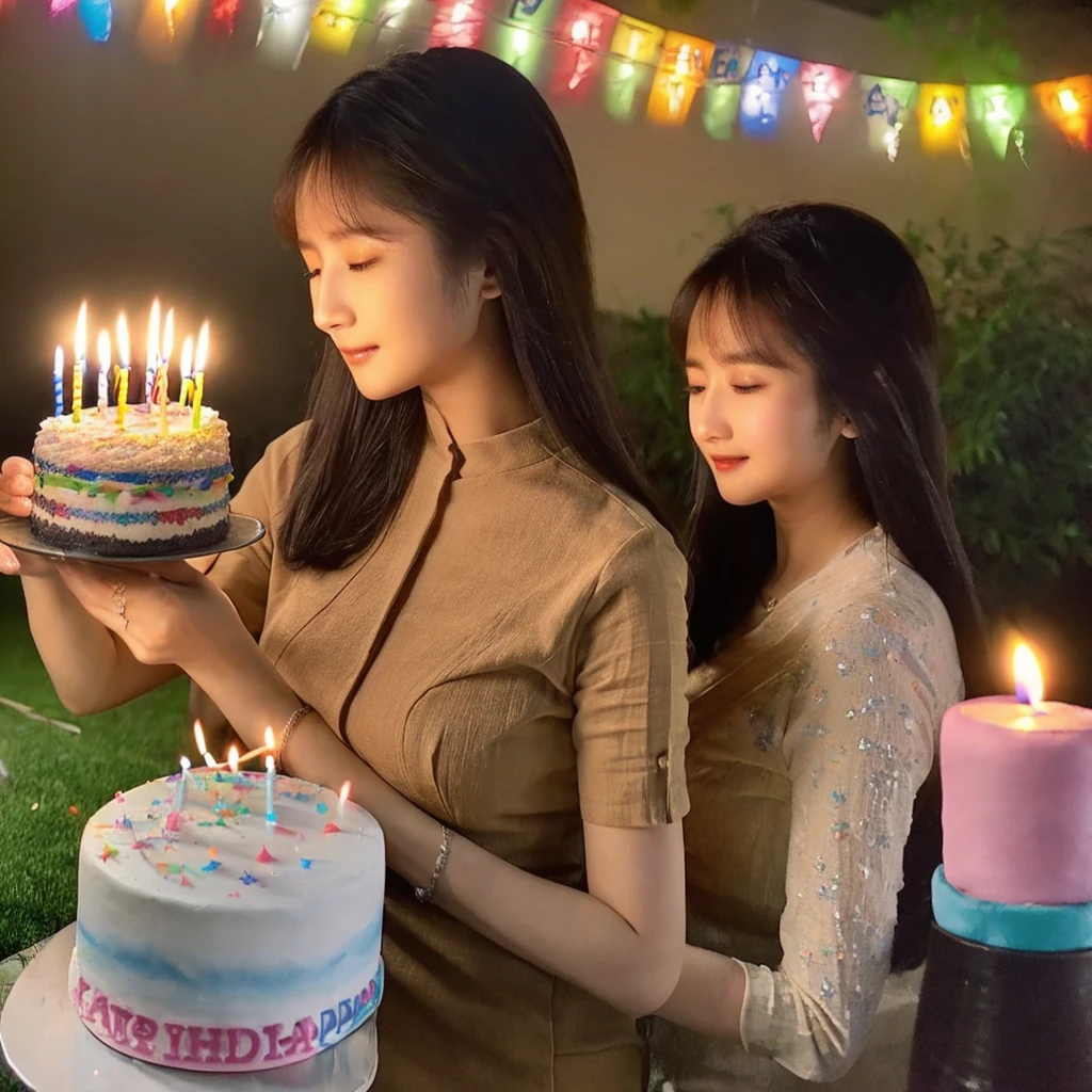 araffe girl holding a birthday cake with lit candles, happy birthday, holding a birthday cake, krystal, lalisa manobal, with bangs, she is 35, profile pic, ulzzang, dilraba dilmurat, jaeyeon nam, with full bangs, cake, profile image, celebrating a birthday, birthday cake, iu