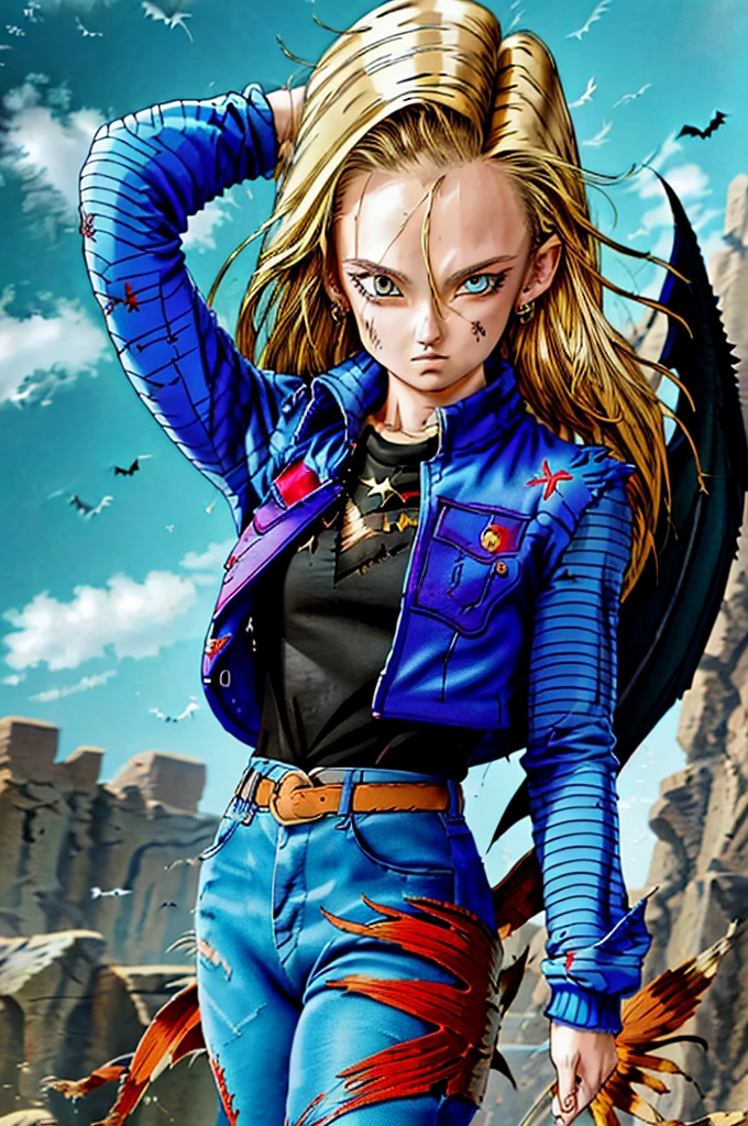 Masterpiece artwork, high qualiy, 1 girl, standing alone, long hair, (hair between the eyes), (hair fluttering in the wind), blue Eyes, Big Breasts:1.6, bat wings, disappointed face, (Embroidered sweater, cropped flare jeans, leather blazer)