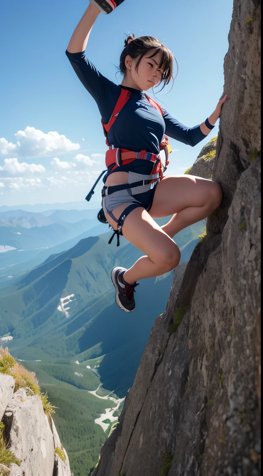 (masterpiece), a cute girl climbing a mountain, mountaineering , (high angle), adrenaline,dynamic image, extended arm cute, looking up too the  camera, giant fall, rocks,
