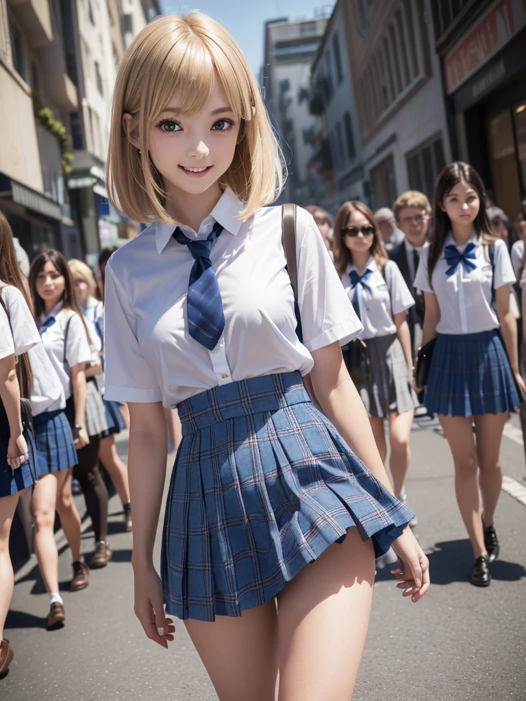 (8K, RAW Photos, Highest quality, masterpiece:1.2), (Realistic, photo-Realistic:1.4), (extremely detailed 8K wallpaper), ((Full Body Shot)), (((1 girl))), Sharp focus, Depth of written boundary, Cinematic lighting, Soft Light, (緻密な美しさのeye, eye_Chan, Very beautiful  girl, innocent big eyes, Realistic, photo Realistic, Highly detailed cute girl, (Thin thighs), (Model Body Type), (Blonde), (Long Bob Hair), (Asymmetrical bangs), ((A happy smile)), Glowing Skin, Ultra-dense skin ,High resolution, High Detail, Detailed hairstyle, Detailed facial beauty, hyper Realistic, Perfect limbs, Perfect Anatomy, Perfect female body, (school uniform:1.3),(Mini Skirt Blue Checkered Micro Mini Skirt), Watching the audience, (Crowded city street:1.3)