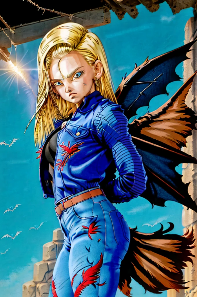 Masterpiece artwork, high qualiy, 1 girl, standing alone, long hair, (hair between the eyes), (hair fluttering in the wind), blue Eyes, Big Breasts:1.6, bat wings, disappointed face, (Embroidered sweater, cropped flare jeans, leather blazer)