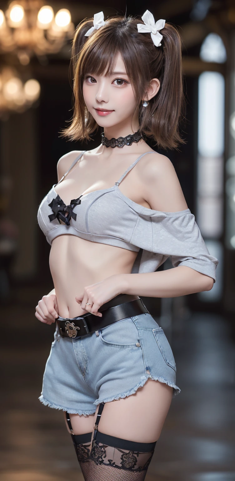 (Full Body View:1.3)、(Beautiful lips and nose:1.4)、(Side view:1.1)、(Smiling with teeth showing:1.3),(Fashion Model:1.5)、(Gothic ta delicately decorated battle uniform:1.5)、(White off-shoulder hoodie:1.5)、(Black, silver and white shorts:1.4)、(denim garter belt:1.5)、(Black and denim knee socks:1.3)、(Skull Silver Accessories:1.5)、(Lace collar:1.3)、(Brown Skin Belt:1.4)、(Brown boots:1.2)、(Underwear has polka dots:1.4)、23 years old、((Highest quality、In 8K、masterpiece:1.3))、Sharp focus:1.2、(Layered Cut、Huge boobs:1.1),Beautiful woman with perfect figure:1.4、(Dancing vigorously:1.3)、Slender Abs:1.2、Highly detailed face and skin texture、Detailed eyes、double eyelid,(Twin tails:1.3)、(Brown-golden hair:1.3)、Gravure idol、(The background is a luxurious dance hall.:1.3)、(Slim body:1.2),(Make your legs thinner:1.4),(clavicle:1.1)