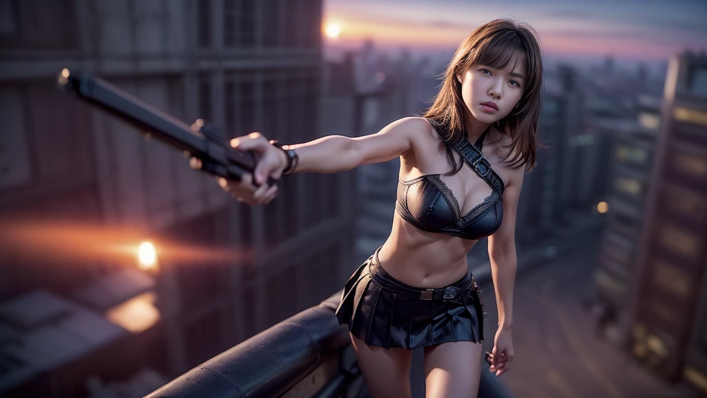 (((At night, ((very dark sunset sky)), (((1girl, solo))), a western woman, photo realistic, large-breast:1.2 slim body, cleavage, off tube top, short pleated miniskirt, standing on rooftop, (matrix style black sunglasses), (((aiming towards viewer with a short:0.8 pistol))), half-body thigh level medium:1.2 shot))). In the background, simple aerial view of a sci-fi futuristic city, (((flying vehicle speeding towards viewer))).