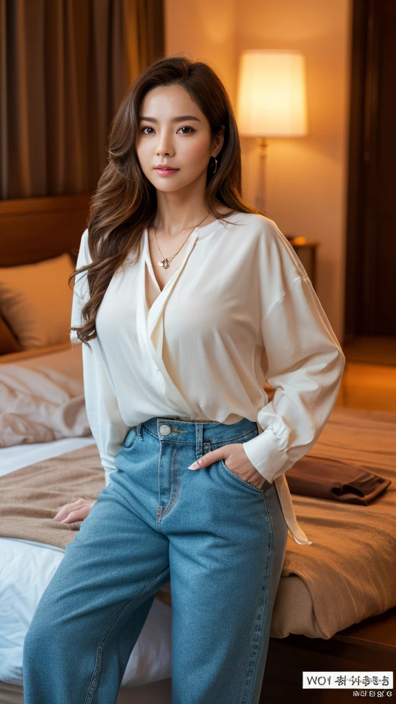 Scored7_up, scored8_up, Scored9, real-picture:1.9, (masterpiece), high quality, best quality, (blush), smooth, professional photograph, ultra-realistic, hyperdetailed, hyperrealistic, maximum detailed texture, highly detailed face and skin, sharp focus of face and full body, UHD, POV, RAW, HDR, 8K, (full body), natural themes, dynamic concept, cinematic, ((soft light, sufficent lighting, low lighting)), cool-beauty, (maturewomen), age 54, korean, thin-face, perfect face, freckless, expressive eyes, doubleyelids, long wavy hair, large shoulder, ((proportional)), busty body, (giant breasted), big hips, big thigh, (wearing long blouse), wide legged linen baggy trouser, necklace, standing pose. Indoor, bedroom with fancy furniture background. ((Front view, looking at viewer, front position)).