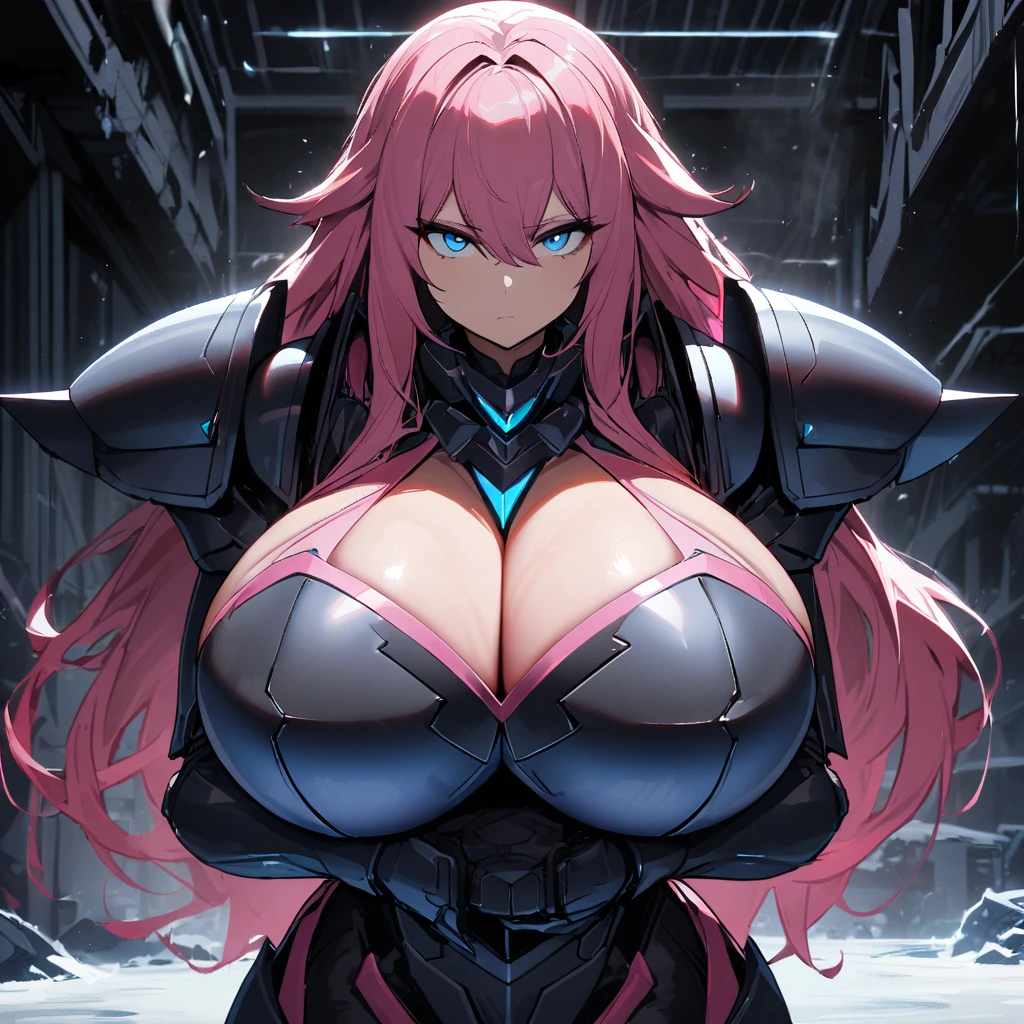 1girl,solo,pink hair color,long hair,light blue eyes,gigantic huge ,Wearing black sci-fi armor,Armor adheres closely to body lines,weapon in hand,expressionless,icy stare,cold expression,Ruthless,disgusted eyes,close mouth,looking at viewer,standing up,In a dimly lit warehouse