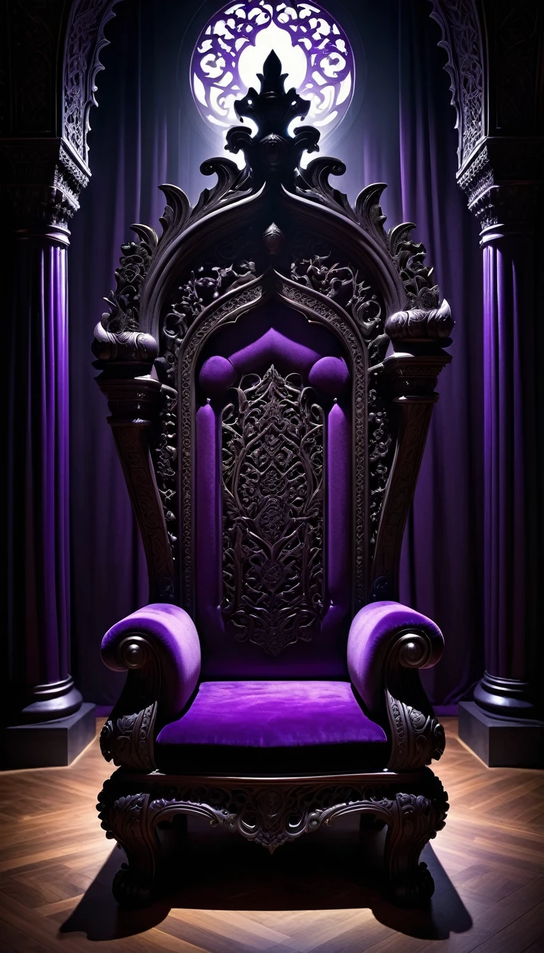 A mysterious throne that seems to absorb the light around it. The structure is sleek and made from dark wood, with intricate carvings that shift and change when viewed from different angles. The seat is cushioned with deep purple velvet. The throne is placed in a shadowy hall with dark drapes, flickering candles, and whispering shadows dancing on the walls.