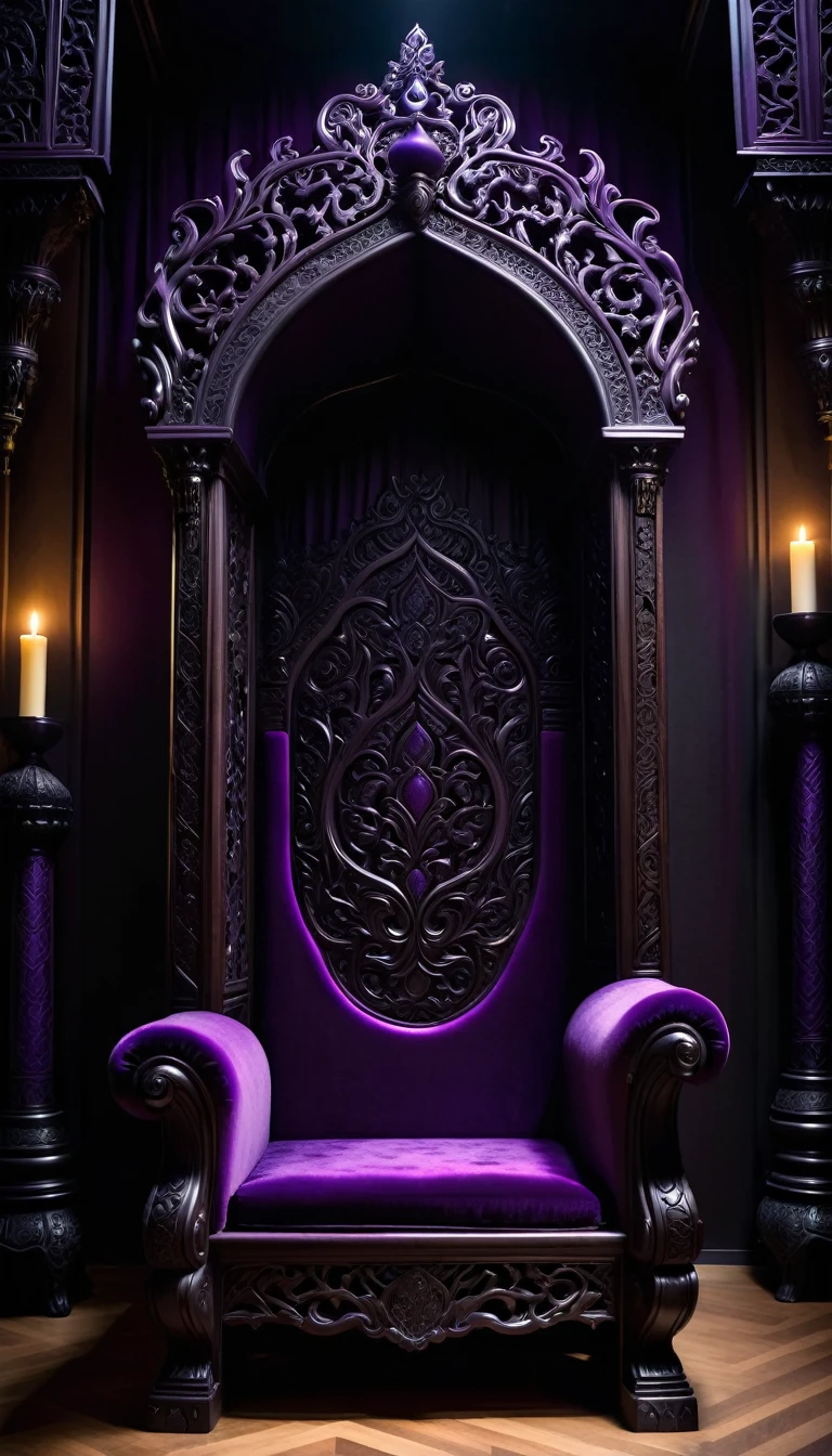 A mysterious throne that seems to absorb the light around it. The structure is sleek and made from dark wood, with intricate carvings that shift and change when viewed from different angles. The seat is cushioned with deep purple velvet. The throne is placed in a shadowy hall with dark drapes, flickering candles, and whispering shadows dancing on the walls.