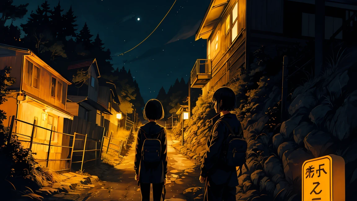 girl、alone,Temporarily stop, whole body, Sailor suit、held a pistol、Dim mountain road、Anime illustration、night、Illuminated by street lights、Black Hair、short hair、profile、There is a retaining wall、Road on the cliff、Warped guardrail