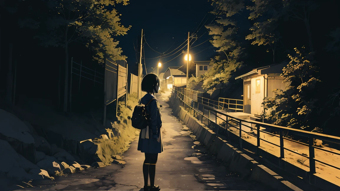girl、alone,Temporarily stop, whole body, Sailor suit、held a pistol、Dim mountain road、Anime illustration、night、Illuminated by street lights、Black Hair、short hair、profile、There is a retaining wall、Road on the cliff、Warped guardrail