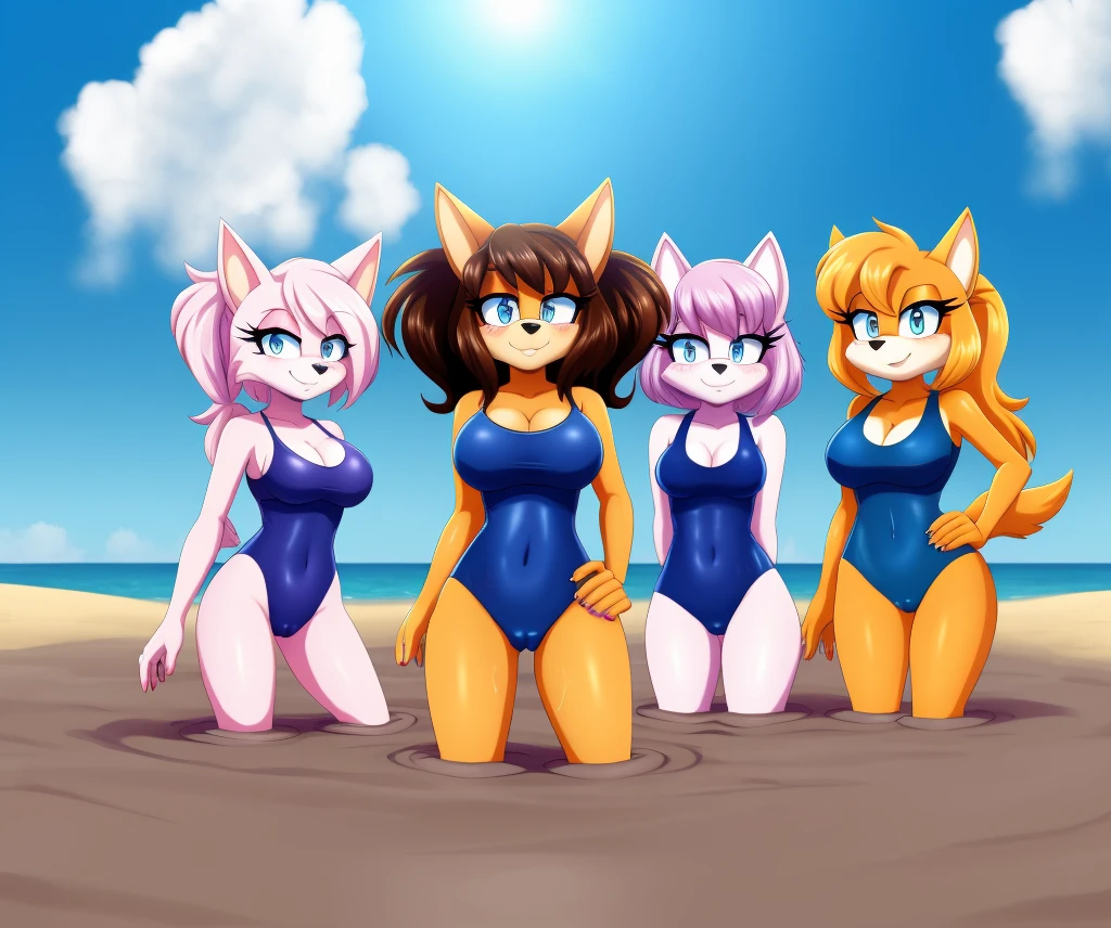 Mobian, furry, fur, tail, anthro female, female furry, detailed fur, best quality, HD, full body, cameltoe, 5girls, 5 girls in beach, multiple subjects, group, team, adult female, group shot, coyote girl, cocker spaniel girl, borzoi girl, jackal girl, wolf girl, furry, anthro, large breasts, breasts, sexy breasts, lesbian, yuri, group, multiple girls, wet, hot, standing, twintails, looking at viewer, front view, standing, long hair, bangs, sinking, blue one-piece swimsuit, bang, cowboy shot, group shot, portrait, girls together, 5 girls sinking, sexy, full body, beach, sunset, curled hair, short hair, ponytails, braid, quicksand