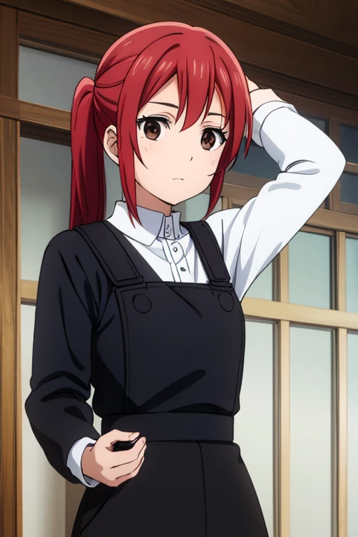 red hair tied to the side, brown eyes, black dungarees dress, long-sleeved white uniform blouse.