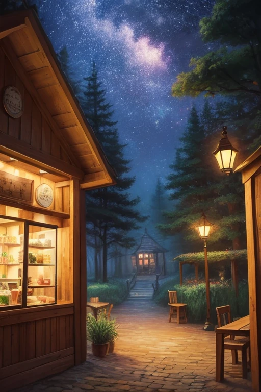 night　The lights come on in a small cafe in the forest　Fantasy　Picture book style　Pastel drawing