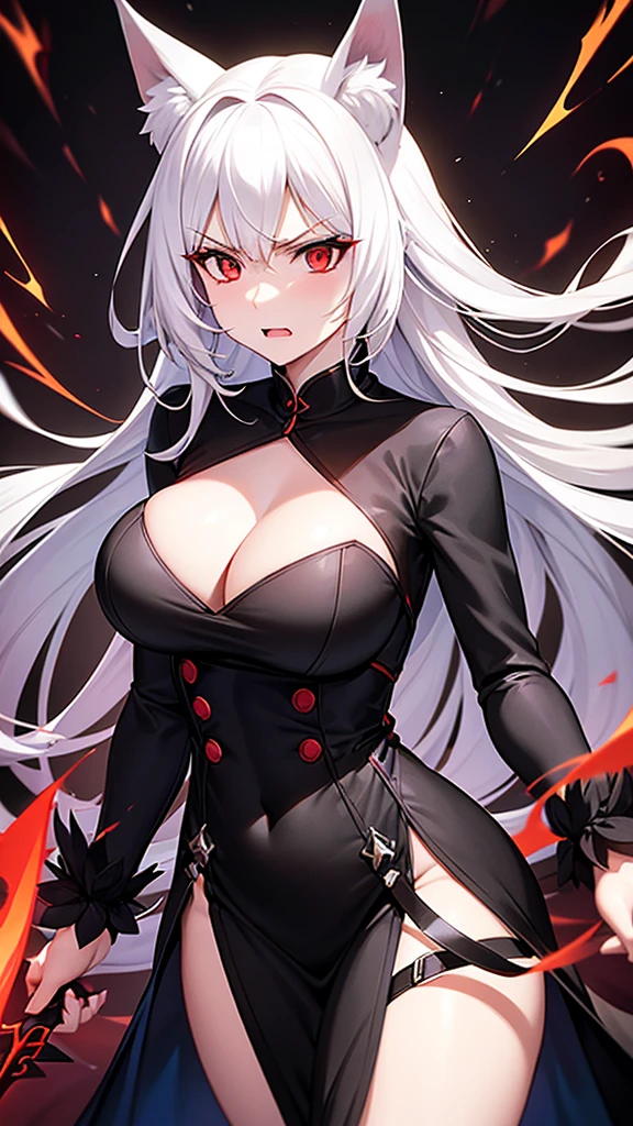 An adult woman half fox and wolf, wide breasts, red eyes, white hair, very angry, in a black little open dress, holding a sword