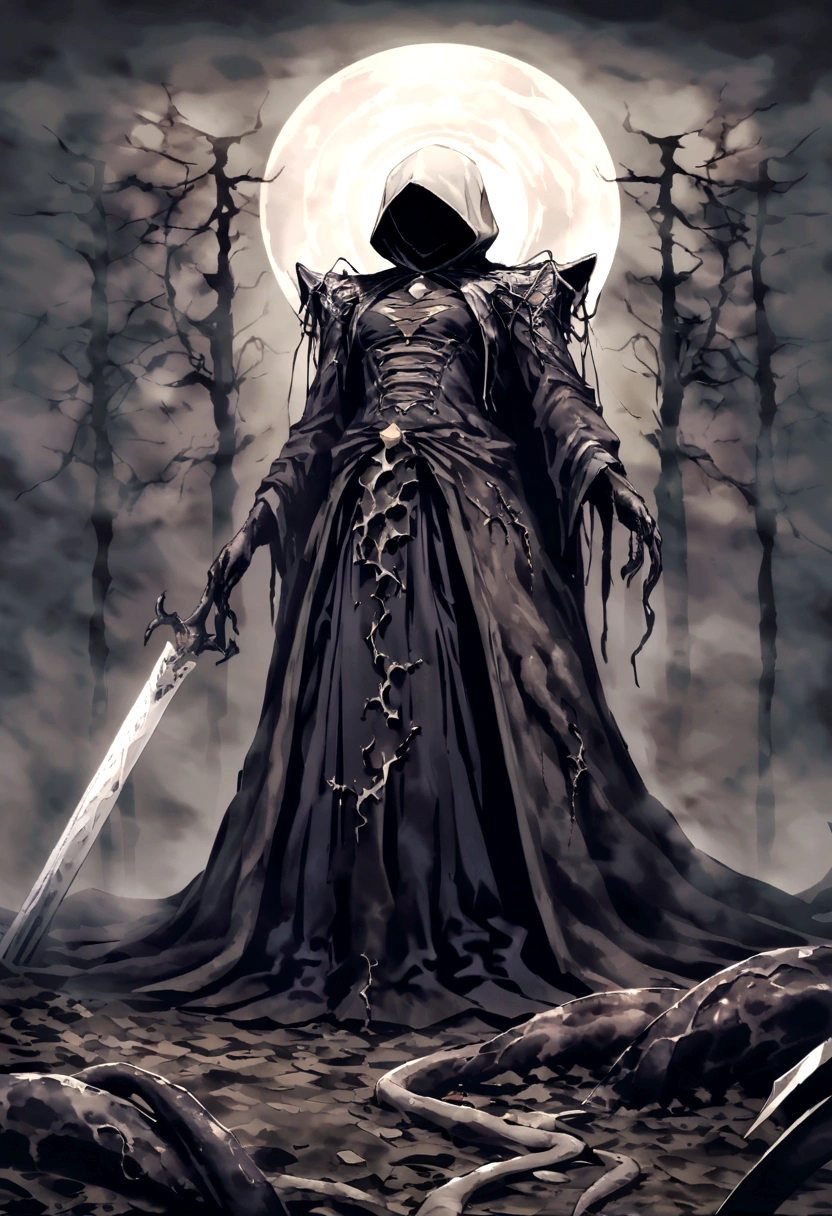 Faceless creature, skin like starry sky, long arms, hands with 3 fingers, tentacles coming out of the entire body, colossal size, aura of a black hole.