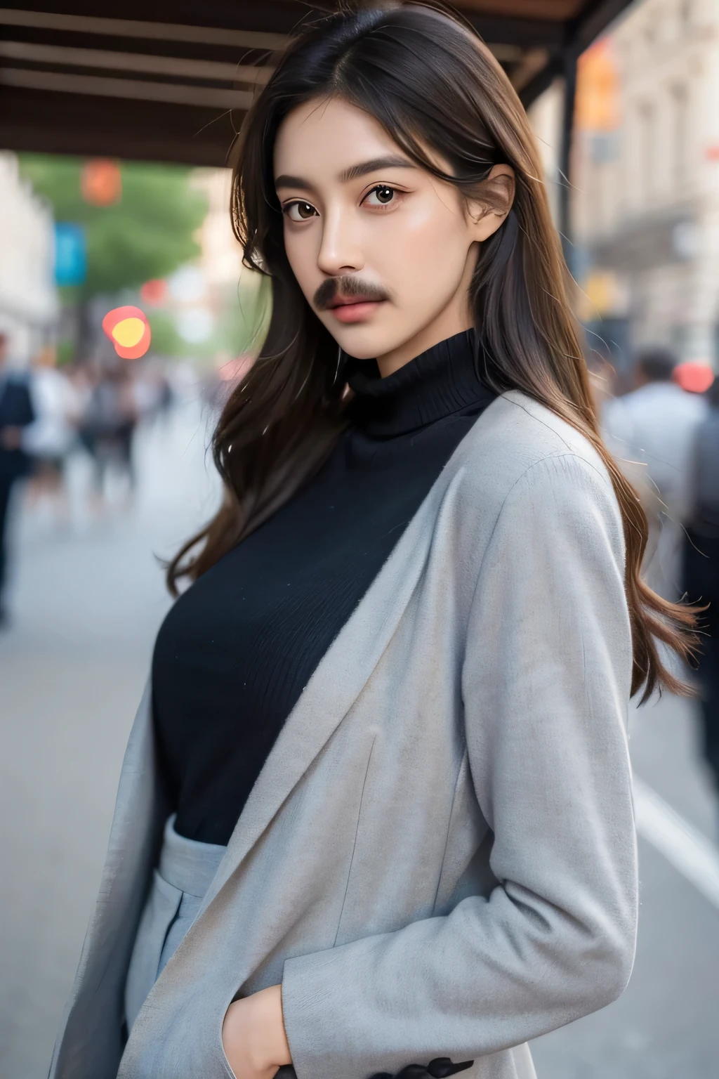 Beautiful woman with mustache on lips,Wear men's suits