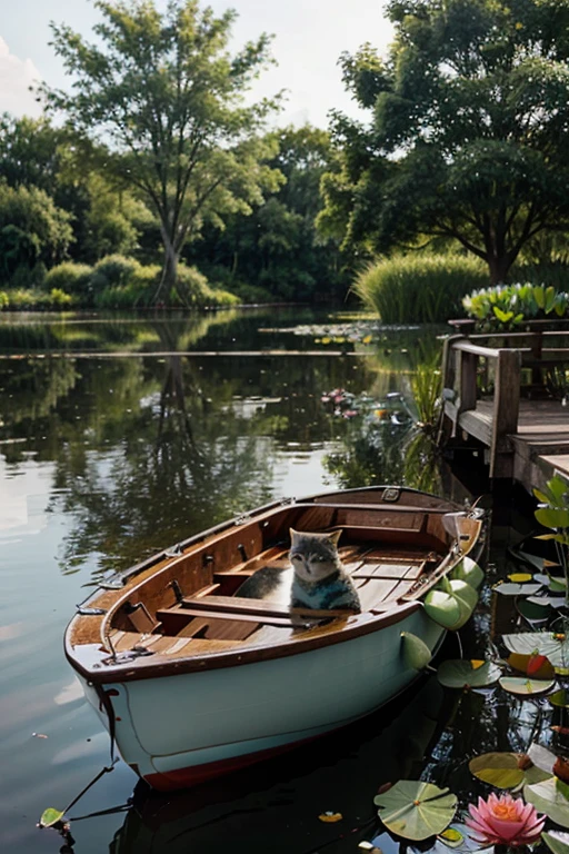 a boat floats on a pond, there are water lilies and a kitten in it