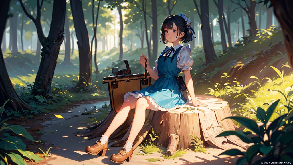 master piece, ultra detailed, hyper realistic, (Girl sitting on a stump playing guitar:1.4), Alice in wonderland dress, blue dress with white apron, peter pan collar, puff sleeves, knee-length skirt, white stockings, black Mary jane shoes, An infectious smile that makes everyone around feel happy, flower field, a forest with sunlight filtering through the trees, creating a spotlight like effect of dappled light, detailed lighting, intricate shadows, warm tones, highly detailed, photorealistic, A Dutch angle shot, tilted to one side for a dynamic and dramatic effect,