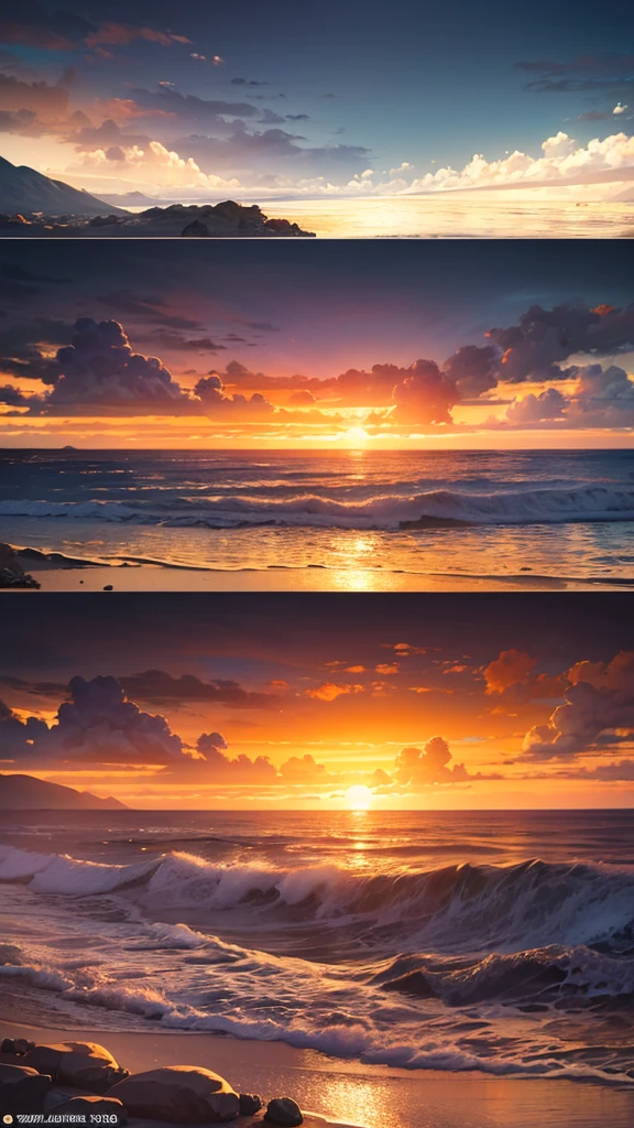 a sun setting over the ocean, golden sunset, dramatic clouds, beautiful ocean waves, calm sea,detailed ocean reflection, silhouette of islands, peaceful landscape, atmospheric lighting, cinematic scene, vibrant colors, photorealistic,4k,8k,highres,masterpiece:1.2,ultra-detailed,(realistic,photorealistic,photo-realistic:1.37),HDR,UHD,studio lighting,ultra-fine painting,sharp focus,physically-based rendering,extreme detail description,professional,vivid colors,bokeh,(landscape:1.4),dramatic lighting,warm tones