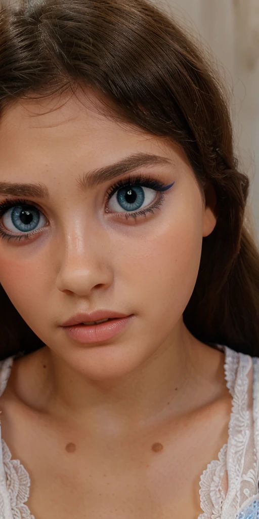 A young beautiful girl,  full lips, small neat nose, big eyes, makeup , blue eyes