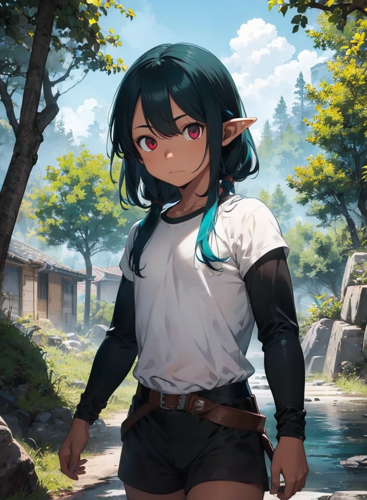 elf, 1boy, solo boy, dark tan skin, (red eyes eyes, highly detailed eyes, eye shine:1.2), (turquoise hair, disheveled hair), narrow build, handsome face, looking at viewer, intricate, detailed, scenery, psychic rogue, 