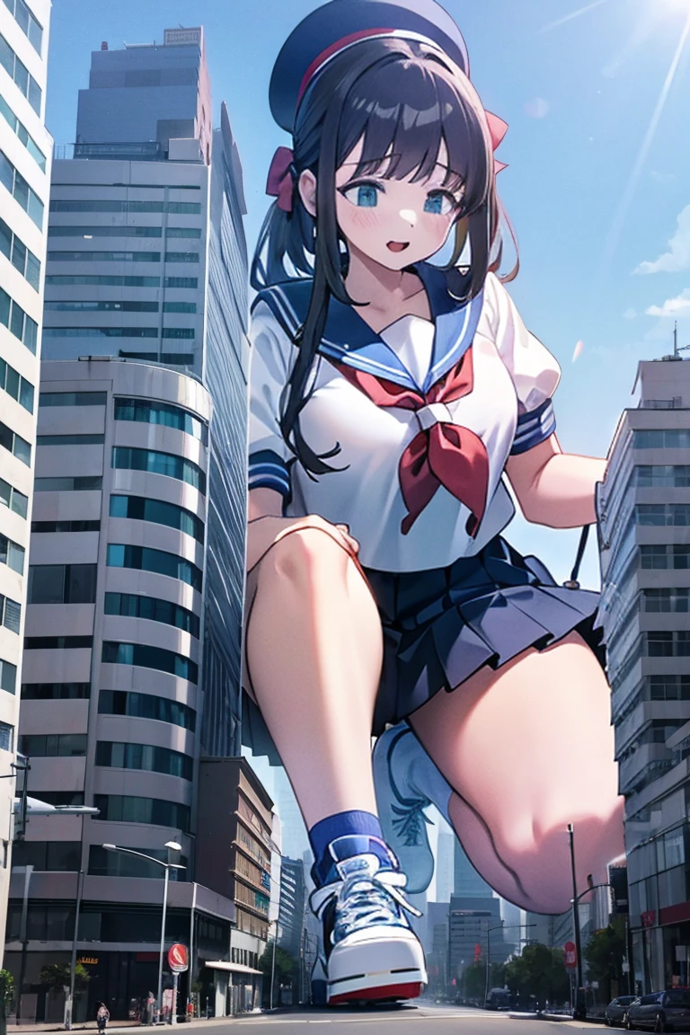 Big girl wearing sneakers,Girl taller than the building,Sailor Suit,Short skirt,Squatting maiden