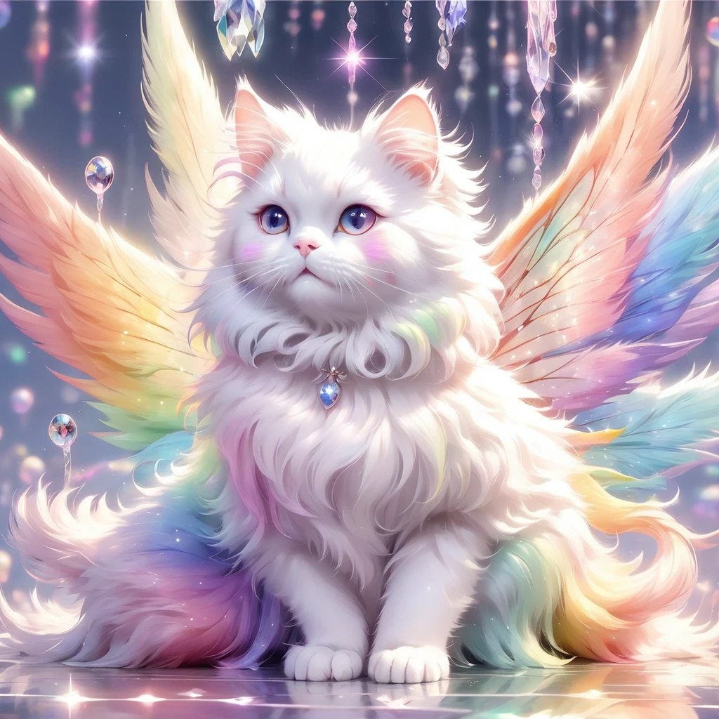 Cat Fairy。Fluffy fur。Rainbow colors。Beautiful appearance。Surrounded by white light。A cat influenced by crystals。With transparent wings。