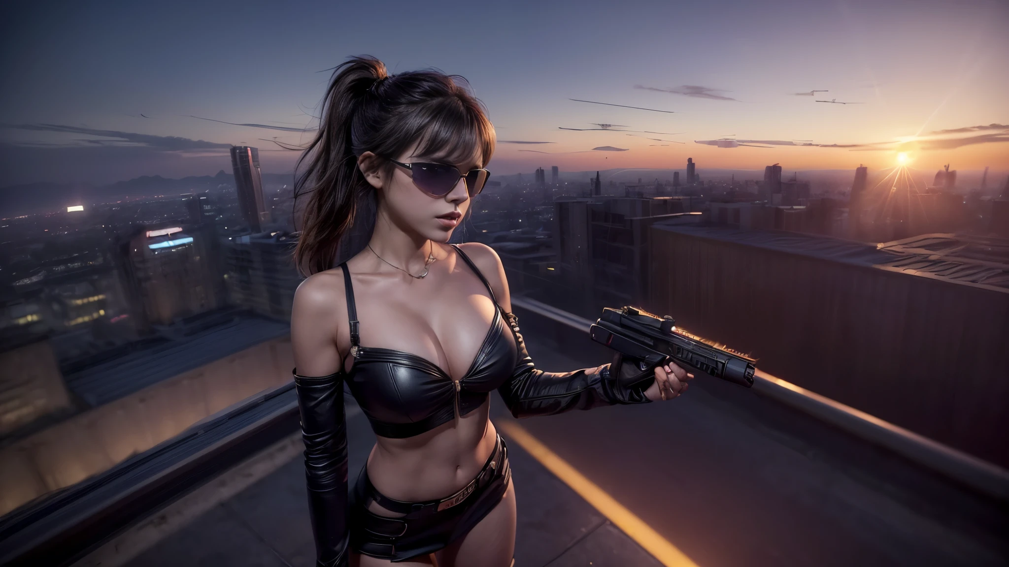 (((At night, ((very dark sunset sky)), (((1girl, solo))), a western woman, photo realistic, large-:1.2 slim body, cleavatube top, short pleated miniskirt, standing on rooftop, (matrix style black sunglasses), (((aiming towards viewer with a short:0.8 pistol))), half-body thigh level medium:1.2 shot))). In the background, simple aerial view of a sci-fi futuristic city, (((flying vehicle speeding towards viewer))).