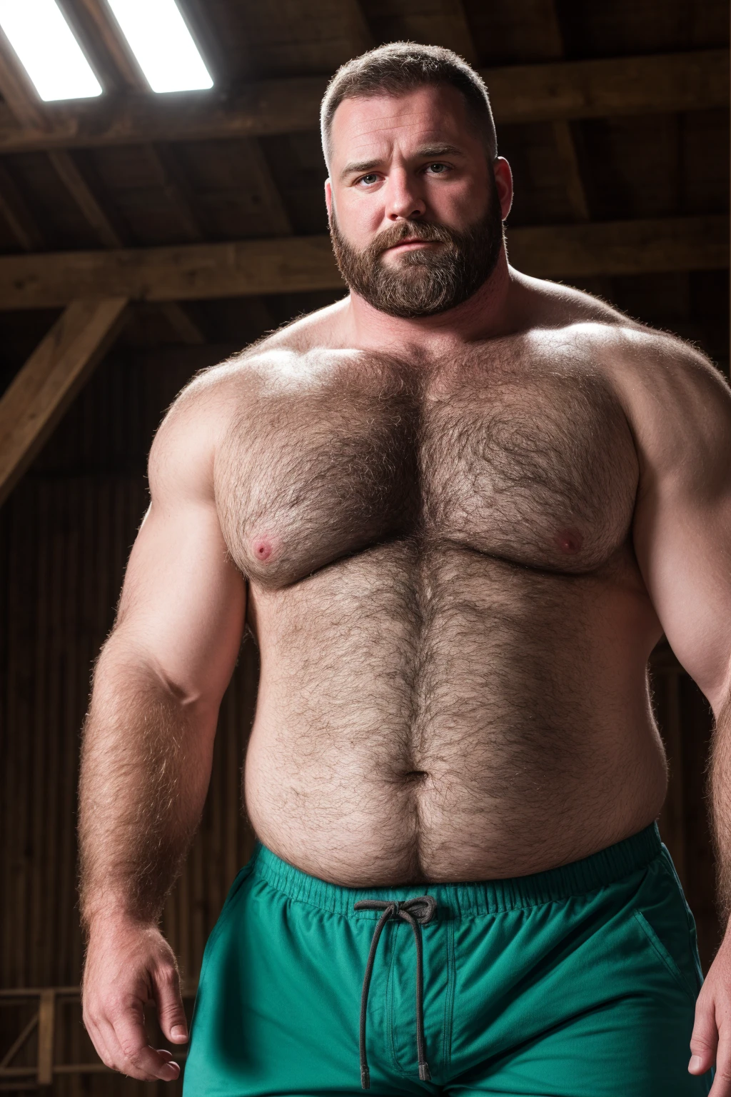 8K HIGH RESOLUTION HDR Very Extremely Realistic Very Detailed High Quality Create a professional studio-style Very Real photograph featuring a middle-aged daddy rugged muscle bears man , burly, very realy detailed hairy, 8K very realistic beared big daddy muscle bear, and 8K very realistic detailed rugged burly man and his husband in shorts. Very Realistic detailed shorts, very realistic hair, very realistic beards, very realistic thick chubby neck, very realistic neck lines, very realistic detailed neck, very realistic belly, very realistic burly chest, very realistic detailed hairy burly strong chest and arms, very realistic detailed hairy burly strong chest and arms, very realistic pecs, very realistic burly muscle bear body, very realistic , very realistic burly muscle bear body, very realistic face, very realistic detailed face, very realistic eyes, very realistic detailed eyes, very realistic pupils, very realistic detailed pupils, very realistic nose, very realistic ears, very realistic facial features, very realistic burly arms, very realistic elbows, very realistic hands, very realistic pecs, very realistic belly, very realistic human man body, very realistic bellybutton, very realistic wrists, very realistic fingers, very realistic fingernails, very realistic shoulders, very realistic mouth, very realistic lips, very realistic detailed skin, very realistic skin, very realistic mens clothing, very realistic detailed mens clothing. Very Realistic Hairy Bearded Burly Muscle bear Photoshoot, A very realistic burly muscle bear man in a Farm, 8K Very Realistic Intricately Detailed, Utilize all appropriate realistic lighting techniques for studio photography" 8K very realistic detailed Farm surroundings, 8K very realistic surroundings lighting, No Deformities, captured with a 85mm lens by a world famous photographer, 8K Very Ultra Realistic and 8K Very Realistic Photograph, z8K Clear HDR Quality full with very realistic real details