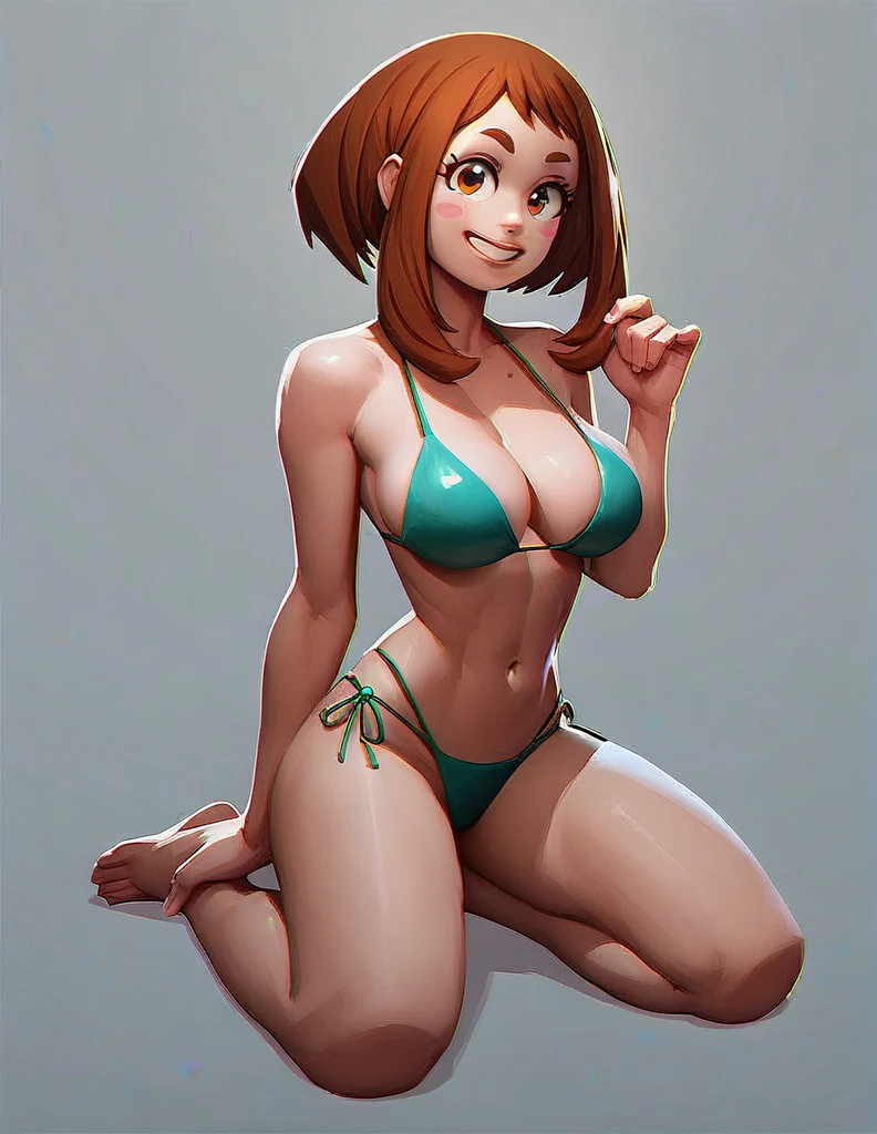 Ochaco Uraraka, big cleavage, bikini, barefoot, full body, big bust, kneeling, eye contact, looking at viewer, seductive grin, skinny