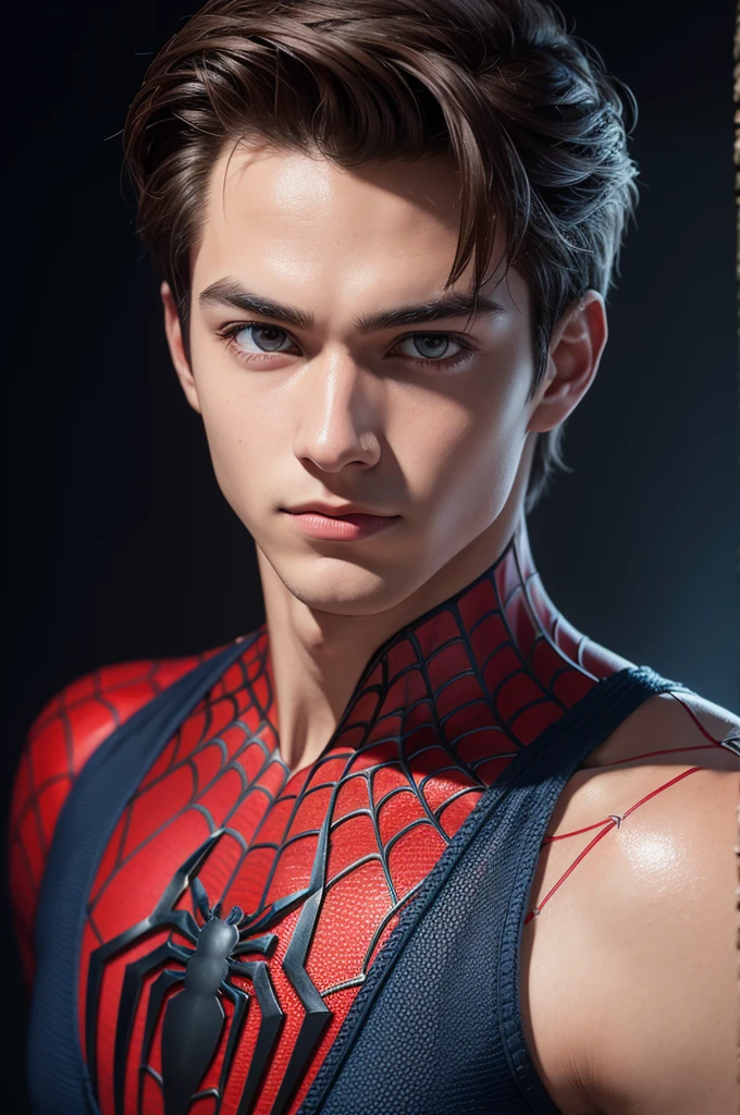 A photograph of spider man, no mask, 20 yo, handsome, detailed face, looking at camera, portrait, 8k uhd, high quality