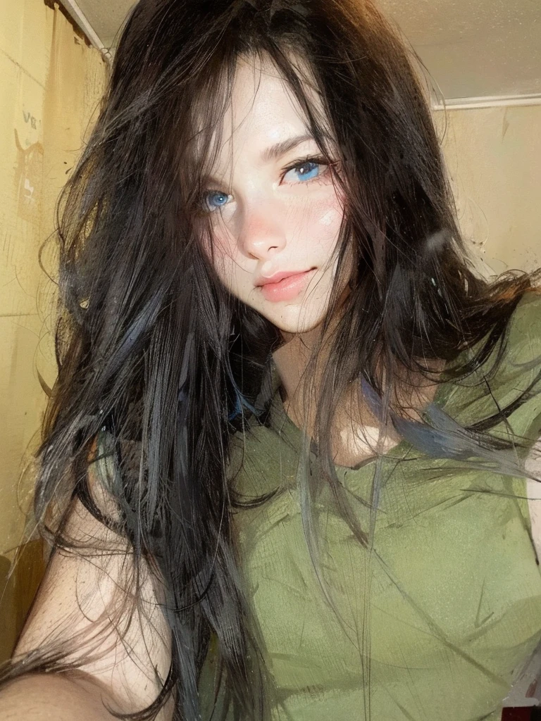 black hair,blue eyes 