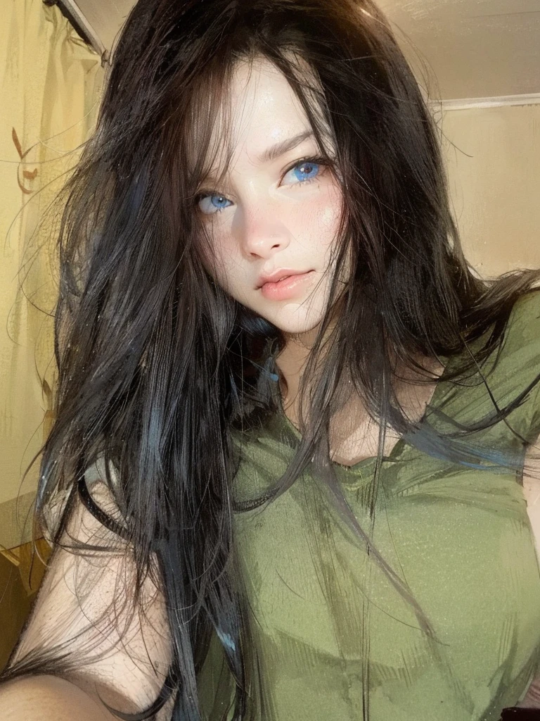 black hair,blue eyes 