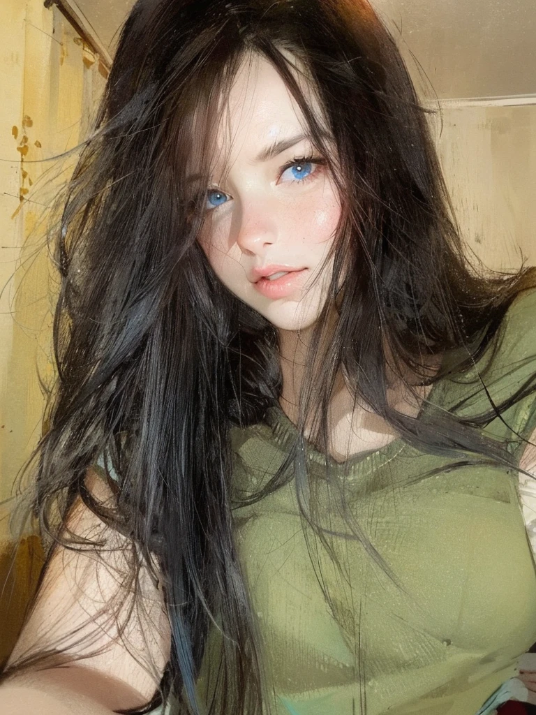 black hair,blue eyes
